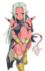 Rule 34 | 1girl, boots, bracelet, breasts, colored skin, dragon quest, dragon quest x, horns, hyakuen raitaa, jewelry, long hair, ogre (dq10), pointy ears, purple eyes, red skin, simple background, solo, tail, white background, white hair