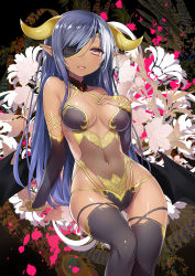 Rule 34 | 1girl, 47agdragon, arm support, bare shoulders, black thighhighs, black wings, blue hair, breasts, character request, commentary request, copyright request, demon girl, detached sleeves, eyepatch, flower, gluteal fold, hand on own chest, highres, horns, leotard, long hair, looking at viewer, low wings, medium breasts, navel, pink eyes, pointy ears, revealing clothes, see-through, smile, solo, swept bangs, thighhighs, wings
