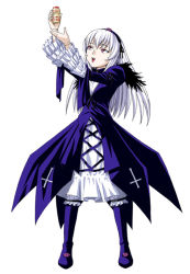 Rule 34 | boots, doll joints, flower, full body, ichikawa masahiro, joints, long hair, red eyes, rose, rozen maiden, silver hair, simple background, solo, suigintou, yakult