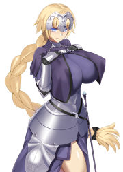 Rule 34 | 1girl, armor, blonde hair, blue eyes, blush, braid, breasts, fate/apocrypha, fate/grand order, fate (series), faulds, gauntlets, headpiece, highres, huge breasts, jeanne d&#039;arc (fate), jeanne d&#039;arc (ruler) (fate), long braid, long hair, looking at viewer, omisotu, open mouth, plackart, shiny skin, simple background, single braid, smile, solo, standing, sword, very long hair, weapon, white background