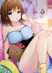 Rule 34 | 1girl, absurdres, aozora nan, ass, bare legs, bare shoulders, blue shirt, blurry, blurry background, breasts, brown eyes, brown hair, camisole, chestnut mouth, chips (food), cleavage, collarbone, depth of field, food, highres, holding, holding food, knees up, large breasts, looking at viewer, medium hair, nintendo switch, no pants, original, panties, parted lips, potato chips, scan, shirt, sidelocks, sitting, solo, strap slip, stuffed animal, stuffed toy, underwear, white panties