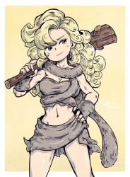 Rule 34 | 1girl, ayla (chrono trigger), blonde hair, blue eyes, breasts, caveman, chrono trigger, cleavage, closed mouth, club (weapon), curly hair, hand on own hip, long hair, looking at viewer, navel, outside border, shouta (shbz), smile, solo, weapon