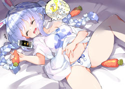 Rule 34 | 1girl, alternate costume, animal ear fluff, animal ears, bed sheet, blue hair, blush, bow, bow panties, braid, breasts, carrot, cellphone, closed eyes, clothes lift, commentary request, dreaming, drooling, facing viewer, feet out of frame, food, fujishima-sei ichi-gou, hair bow, hand on own stomach, highres, holding, holding food, hololive, long hair, lying, medium breasts, mouth drool, multicolored hair, on back, open mouth, panties, phone, rabbit ears, saliva, shirt, shirt lift, short eyebrows, short sleeves, solo, thick eyebrows, thought bubble, translated, twin braids, twintails, two-tone hair, underwear, usada pekora, very long hair, virtual youtuber, white bow, white hair, white panties, white shirt