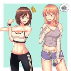 Rule 34 | 2girls, absurdres, black pants, brown eyes, brown hair, collar tug, detached sleeves, highres, leo23, long hair, long sleeves, looking at another, maribel hearn, midriff, multiple girls, muscular, muscular female, navel, nervous sweating, open mouth, orange hair, pants, purple shirt, purple shorts, purple tank top, shirt, shirt tug, short hair, shorts, smile, speech bubble, sports bra, sportswear, stomach, stretching, striped legwear, sweat, tank top, thermos, thighs, touhou, track pants, two-tone background, usami renko, very sweaty, watch, wet, wristwatch, yellow eyes