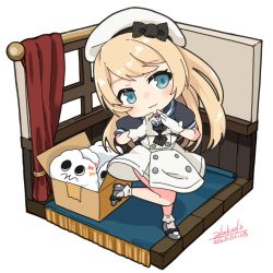 Rule 34 | 1girl, alakoala, blonde hair, blue eyes, blue sailor collar, box, cardboard box, chibi, curtains, dated, dress, gloves, hat, heart, heart hands, highres, jervis (kancolle), kantai collection, long hair, miss cloud, sailor collar, sailor dress, short sleeves, signature, simple background, smile, solo, white background, white dress, white gloves, white hat, window