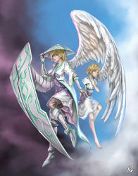 Rule 34 | 10s, 2015, 2girls, amputee, angel, angel wings, armor, asymmetrical wings, barefoot, blonde hair, blue eyes, borrowed character, cassie (acerailgun), cyborg, double amputee, feathered wings, flying, full body, gradient background, greaves, hand on headwear, hand on own chest, hat, highres, marwan islami, mechanical arms, mechanical wings, multiple girls, original, signature, single mechanical arm, single wing, time paradox, white wings, wings