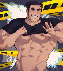 Rule 34 | 1boy, abs, bara, beard stubble, black hair, cowboy shot, dei (deikyrio), facial hair, grin, huge eyebrows, large pectorals, lifted by self, looking at viewer, lucas lee, male focus, muscular, muscular male, navel, nipples, pectorals, scott pilgrim (series), scott pilgrim takes off, seductive smile, shirt, short hair, short sleeves, small hands, smile, solo, stomach, stubble, t-shirt, tight clothes, tight shirt, underpec, v-taper
