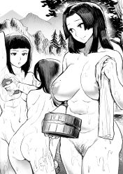Rule 34 | 3girls, ass, bathing, breasts, closed mouth, female focus, highres, huge breasts, ichiren takushou, large breasts, medium hair, mole, mole on breast, monochrome, multiple girls, nipples, nude, open mouth, original, outdoors, pubic hair, tagme, towel, wet