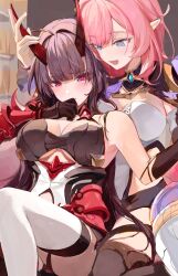 Rule 34 | 2girls, absurdres, ahoge, armor, assertive female, bare shoulders, black gloves, blue eyes, blush, breasts, cleavage, closed mouth, covering own mouth, elf, elysia (honkai impact), elysia (miss pink elf) (honkai impact), furrowed brow, gloves, highres, honkai (series), honkai impact 3rd, horns, japanese armor, japanese clothes, large breasts, long hair, looking down, multiple girls, oni horns, open mouth, pink hair, pink pupils, pointy ears, purple eyes, raiden mei, raiden mei (herrscher of thunder), red pupils, roena, shoulder armor, thighhighs, touching another&#039;s horn, white thighhighs, yuri