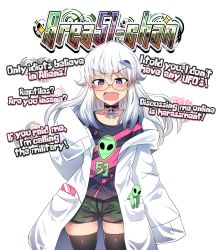 Rule 34 | 1girl, absurdres, alien, area 51, area 51-chan, blush, camouflage, camouflage shorts, character name, choker, commentary, english text, fang, glasses, hair ornament, highres, lab coat, long hair, merryweather, open mouth, original, oversized clothes, personification, purple eyes, shirt, shorts, skindentation, sleeves past wrists, t-shirt, tears, thighhighs, ufo, white background, white hair