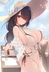 Rule 34 | 1girl, bikini, black choker, black hair, blue archive, blush, breasts, choker, curvy, hair over one eye, halo, hat, highres, hinata (blue archive), hinata (swimsuit) (blue archive), huge breasts, large breasts, long hair, looking at viewer, one-piece swimsuit, outdoors, red eyes, side-tie bikini bottom, solo, suitcase, sune (mugendai), sweat, swimsuit, thick thighs, thighs, white one-piece swimsuit