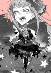 Rule 34 | 1girl, absurdres, angry, axe, bandaged arm, bandages, battle axe, black dress, black thighhighs, commentary, dress, facial mark, facial tattoo, fire emblem, fire emblem engage, flower, hair flower, hair ornament, highres, holding, holding axe, holding weapon, illust mi, long hair, monochrome, nintendo, orange background, panette (fire emblem), tattoo, thighhighs, weapon, yellow eyes