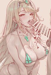 1boy 1girl absurdres after_ejaculation bar_censor bikini blonde_hair breasts censored cleavage cum cum_on_body cum_on_breasts cum_on_upper_body earrings fellatio floating_earring green_bikini hetero highres jewelry large_breasts licking licking_penis long_hair mythra_(xenoblade) open_mouth oral penis simple_background sketch string_bikini suujiniku swept_bangs swimsuit tiara tongue tongue_out xenoblade_chronicles_(series) xenoblade_chronicles_2 yellow_eyes