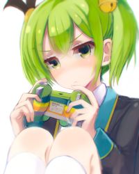 Rule 34 | &gt;:&lt;, 1girl, :&lt;, bell, blush, closed mouth, controller, derivative work, frown, game controller, gamepad, gj-bu, green eyes, green hair, hair bell, hair ornament, holding, kannazuki tamaki, knees up, legs together, long hair, looking at viewer, matching hair/eyes, new game!, parody, school uniform, simple background, sitting, solo, title parody, trait connection, twintails, v-shaped eyebrows, white background, yudough