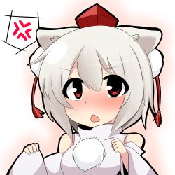 Rule 34 | 1girl, anger vein, animal ears, bare shoulders, blush, detached sleeves, hat, inubashiri momiji, open mouth, red eyes, short hair, solo, tokin hat, touhou, twumi, upper body, white hair, wide sleeves, wolf ears