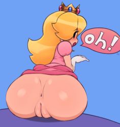 Rule 34 | 1girl, :o, anus, ass, back, black eyes, blank eyes, blonde hair, blue background, blue eyes, blush, cleft of venus, crown, dress, elbow gloves, english text, eyelashes, from behind, gloves, hand up, highres, huge ass, long hair, looking at viewer, looking back, mario (series), nintendo, no panties, open mouth, paper mario, pink dress, princess peach, puffy short sleeves, puffy sleeves, pussy, short sleeves, simple background, solo, speech bubble, superwagon64, uncensored, white gloves, wide hips