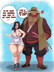 Rule 34 | 1boy, 1girl, aftersex, beard, black footwear, black hair, breasts, chest hair, cleavage, english text, facial hair, facing viewer, fat, fat man, female pubic hair, full body, hetero, highres, huge breasts, implied after sex, katana, mature female, messy hair, naruto (series), naruto shippuuden, pubic hair, pubic hair peek, pussy juice, red hair, simple background, speech bubble, stray pubic hair, sunnysundown, sweat, sword, thick thighs, thighs, very sweaty, weapon, wide hips, yuuhi kurenai