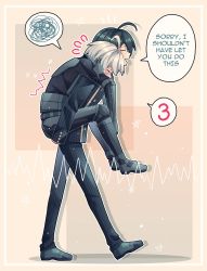 Rule 34 | 2boys, ?, ahoge, android, black footwear, black hair, black jacket, black pants, border, brown background, buttons, cheer (cheerpuppy14), danganronpa (series), danganronpa v3: killing harmony, english text, from side, grey footwear, grey hair, highres, jacket, k1-b0, multiple boys, notice lines, open mouth, pants, profile, saihara shuichi, shoes, short hair, spoken number, spoken squiggle, squiggle, striped clothes, striped jacket, striped pants, white border, white hair