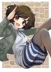 Rule 34 | 1girl, :d, akiyama yukari, black pantyhose, blouse, blue skirt, brown eyes, brown hair, casual, collaboration, commentary request, drawstring, floating, girls und panzer, grey jacket, grey shirt, highres, hood, hood down, hoodie, jacket, leg up, long sleeves, looking at viewer, medium skirt, messy hair, namatyoco, open clothes, open jacket, open mouth, outline, pantyhose, print skirt, see-through, see-through legwear, shiina excel, shirt, short hair, skirt, smile, solo, stone, white outline, zipper