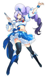 Rule 34 | 00s, 1girl, aono miki, bare shoulders, blue footwear, blue skirt, blue thighhighs, blush, boots, choker, cure berry, drill hair, earrings, eyelashes, fresh precure!, frilled skirt, frills, full body, hair ornament, hairband, happy, heart, heart hair ornament, high heel boots, high heels, highres, jewelry, knee boots, long hair, looking at viewer, magical girl, midriff, peadrins, petticoat, ponytail, precure, purple eyes, purple hair, shirt, side ponytail, simple background, skirt, smile, solo, standing, thighhighs, thighs, white background, zettai ryouiki