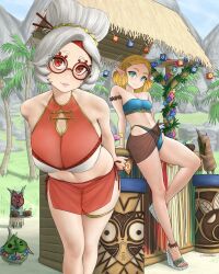 Rule 34 | 2girls, absurdres, bare shoulders, bikini, blonde hair, blue bikini, breasts, closed mouth, dismaiden, elf, eyeshadow, green eyes, grey hair, high heels, highres, large breasts, leaning back, leaning forward, looking at viewer, makeup, multiple girls, nintendo, outdoors, palm tree, parted lips, pointy ears, princess zelda, purah, red-framed eyewear, red eyes, red eyeshadow, round eyewear, sandals, sarong, short hair, small breasts, smile, swimsuit, the legend of zelda, the legend of zelda: tears of the kingdom, thigh strap, tree, wedge heels, white bikini