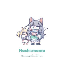 Rule 34 | 3girls, :3, = =, aged down, animal ears, baby, blonde hair, blush stickers, cat ears, cat girl, cat tail, character name, chibi, closed eyes, commentary, doughnut print, english commentary, gawr gura, gokigen naname, grey hair, hair ornament, hairclip, highres, hololive, hololive english, indie virtual youtuber, instagram username, monja (monja0521), multicolored hair, multiple girls, nachoneko, pixiv username, simple background, streaked hair, tail, twintails, twitter username, virtual youtuber, white background, | |