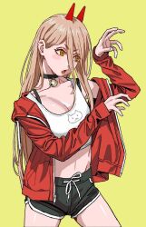 Rule 34 | + +, 1girl, bare shoulders, bell, blonde hair, blush stickers, breasts, chainsaw man, choker, cleavage, hood, hooded jacket, horns, jacket, long hair, medium breasts, midriff, neck bell, off shoulder, open mouth, orange eyes, power (chainsaw man), shiren (ourboy83), shorts, simple background, solo, tank top, yellow background