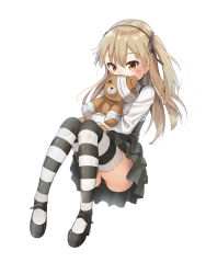 Rule 34 | 10s, 1girl, bad id, bad pixiv id, black panties, blush, boko (girls und panzer), brown eyes, coffeiz p, girls und panzer, highres, panties, shimada arisu, simple background, skirt, solo, striped clothes, striped thighhighs, stuffed toy, thighhighs, underwear, upskirt, white background, white hair