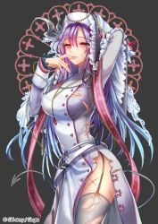 Rule 34 | 1girl, copyright name, cross, demon tail, finger to mouth, magic circle, nun, official art, pink eyes, purple hair, scarf, sid story, sila (carpen), solo, tail, thighhighs, torn clothes