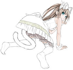 Rule 34 | 1girl, all fours, animal ears, aqua eyes, bloomers, brown hair, cat ears, cat tail, cuffs, dress, feet, foreshortening, green eyes, hair ribbon, long hair, looking back, maruyama, original, paw pose, ribbon, solo, tail, thighhighs, underwear, unfinished