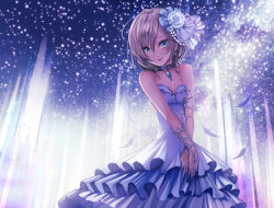Rule 34 | 10s, 1girl, :d, anastasia (idolmaster), bare shoulders, beads, blue eyes, cowboy shot, crystal, dress, earrings, eyebrows, feathers, flower, frills, gem, hair beads, hair between eyes, hair flower, hair ornament, highres, idolmaster, idolmaster cinderella girls, jewelry, looking at viewer, necklace, open mouth, short hair, silver hair, sky, smile, snowing, solo, star (sky), starry sky, strapless, strapless dress, tahnya, v arms