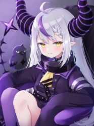 Rule 34 | 1girl, absurdres, ahoge, animal, animal on shoulder, ascot, bird, bird on shoulder, black horns, braid, braided bangs, buttons, closed mouth, coat, crow (la+ darknesss), demon girl, demon horns, double-breasted, grey hair, highres, hololive, horns, huge horns, la+ darknesss, long hair, looking at viewer, multicolored hair, pointy ears, purple coat, purple hair, purple horns, purple legwear, shano hiyori, sitting, sleeves past fingers, sleeves past wrists, smile, solo, streaked hair, striped horns, trench coat, very long hair, virtual youtuber, yellow ascot, yellow eyes