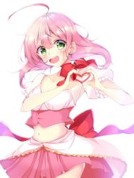 Rule 34 | 10s, 1girl, :d, ahoge, bad id, bad pixiv id, blush, bow, green eyes, heart, heart hands, highres, magical girl, mahou shoujo ore, medium hair, miyu19996513, nakano saki, navel, open mouth, pink hair, pink skirt, red bow, red neckwear, skirt, smile, solo, standing