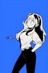 Rule 34 | 1girl, belt, black pants, blue background, breasts, character name, dress shirt, hands in pockets, horns, large breasts, long hair, looking to the side, lum, necktie, oni, pants, pointy ears, ruffling hair, shirt, simple background, solo, text focus, urusei yatsura, wantake