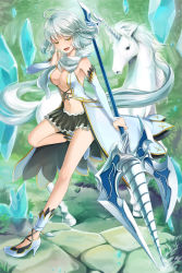 Rule 34 | 1girl, ahoge, armpit peek, black skirt, breasts, center opening, commentary request, crystal, detached sleeves, dress, fantasy, foot up, frilled skirt, frills, full body, half-closed eyes, high heels, holding, holding polearm, holding weapon, looking at viewer, medium breasts, miniskirt, natsuya (kuttuki), navel, open mouth, polearm, short hair, skirt, smile, spear, unicorn, venus blade, weapon, white dress, white footwear, white hair, white sleeves
