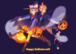 Rule 34 | 1boy, 1girl, blonde hair, blue background, blue eyes, boots, brother and sister, candy, cape, fuji fujino, hair ornament, hairclip, halloween, happy halloween, hat, jack-o&#039;-lantern, kagamine len, kagamine rin, pumpkin, sakura (cherrying), short hair, siblings, smile, striped, thighhighs, twins, vocaloid, witch hat