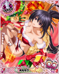 Rule 34 | 10s, 1girl, :d, bare shoulders, black hair, black thighhighs, blush, box, breasts, card (medium), character name, chess piece, christmas, cleavage, elbow gloves, female focus, gift, gift box, gloves, hair ribbon, high school dxd, high school dxd infinity, himejima akeno, large breasts, legs, long hair, looking at viewer, looking back, midriff, official art, open mouth, ponytail, purple eyes, queen (chess), red gloves, ribbon, santa costume, sitting, smile, solo, strapless, thighhighs, torn clothes, torn gloves, torn thighhighs, trading card, tube top, very long hair