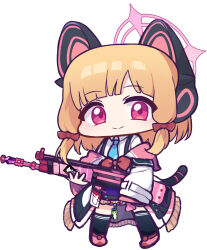 Rule 34 | 1girl, absurdres, animal ear headphones, animal ears, assault rifle, battle rifle, black skirt, black thighhighs, blonde hair, blue archive, blue necktie, bow, chibi, closed mouth, collared shirt, fake animal ears, full body, gun, h&amp;k g3, hair bow, halo, headphones, highres, holding, holding gun, holding weapon, jacket, long sleeves, looking at viewer, momoi (blue archive), necktie, off shoulder, panatisia, pink footwear, purple eyes, red bow, rifle, shirt, shoes, sidelocks, simple background, skirt, sleeves past wrists, smile, solo, standing, suspender skirt, suspenders, tail, thighhighs, weapon, white background, white jacket, white shirt, wide sleeves