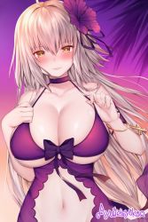 Rule 34 | 1girl, ayuteisyoku, bad id, bad twitter id, bikini, blush, bracelet, breasts, choker, cleavage, collarbone, fate/grand order, fate (series), flower, gradient background, hair flower, hair ornament, inactive account, jeanne d&#039;arc (fate), jeanne d&#039;arc alter (avenger) (fate), jeanne d&#039;arc alter (fate), jewelry, large breasts, long hair, looking at viewer, navel, palm tree, parted lips, purple bikini, purple ribbon, ribbon, silver hair, smile, solo, strap pull, swimsuit, tree, twitter username, yellow eyes