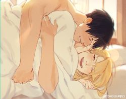 Rule 34 | 1boy, 1girl, ;d, bad id, bad pixiv id, bed sheet, black hair, blanket, blonde hair, blurry, blush, bokeh, closed eyes, couple, cuddling, day, depth of field, fangs, fullmetal alchemist, hands up, happy, hetero, highres, hug, hug from behind, indoors, laughing, looking at another, lying, morning, naked sheet, nude, on bed, on side, one eye closed, open mouth, pillow, pushing away, raicchi (raicchi96), riza hawkeye, roy mustang, shared blanket, short hair, sideways glance, smile, swept bangs, twitter username, under covers, upper body, waking up