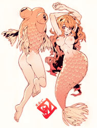 Rule 34 | 2girls, ahoge, arms up, ass, back, breasts, curly hair, feet, fins, fish, fish tail, highres, long hair, looking at viewer, mermaid, monochrome, monster girl, multiple girls, navel, nipples, open mouth, original, poch4n, reverse mermaid, tail, toes, very long hair