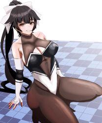 Rule 34 | 1girl, absurdres, azur lane, black hair, black pantyhose, bodystocking, bow, breasts, brown eyes, checkered floor, cleavage cutout, clothing cutout, elbow gloves, gloves, hair flaps, highres, large breasts, long hair, looking at viewer, mamimusume mero, multicolored leotard, navel cutout, official alternate costume, pantyhose, ponytail, race queen, solo, takao (azur lane), takao (full throttle charmer) (azur lane), two-tone leotard, white bow, white gloves