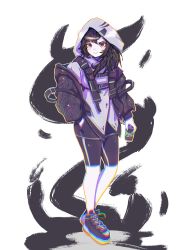 Rule 34 | 1girl, absurdres, akali, alternate costume, alternate hairstyle, black background, black hair, black jacket, black shorts, can, closed mouth, grey background, hand in pocket, highres, holding, holding can, hood, hood up, jacket, league of legends, long hair, long sleeves, looking at viewer, open clothes, open jacket, park ogre, shoes, shorts, smile, solo