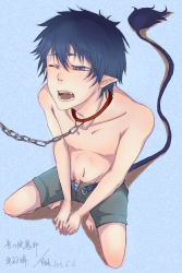 Rule 34 | 1boy, ao no exorcist, collar, fangs, full body, highres, leash, male focus, okumura rin, pointy ears, topless male, slave, solo, tagme, tail, underwear, wink