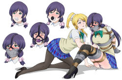Rule 34 | 2girls, ayase eli, ball gag, bdsm, blonde hair, blue eyes, bondage, bound, bound arms, bound legs, breasts, crotch rope, gag, gagged, green eyes, high heels, highres, improvised gag, long hair, love live!, love live! school idol project, low twintails, multiple girls, pantyhose, ponytail, purple hair, ryner-e, sex toy, tape, tape gag, taped hands, thighhighs, tojo nozomi, twintails, vibrator, yuri