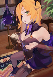 Rule 34 | 1girl, absurdres, bare shoulders, bird, black nails, blonde hair, bookshelf, bow, bowtie, breasts, cleavage, cup, detached sleeves, eyepatch, fischl (genshin impact), garter straps, genshin impact, grabbing own breast, green eyes, highres, long hair, looking at viewer, medium breasts, nail polish, open mouth, oz (genshin impact), plant, potted plant, purple thighhighs, saucer, sitting, solo, some1else45, table, teacup, teapot, teeth, thighhighs, two side up