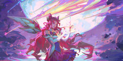 Rule 34 | 1girl, alternate costume, bare shoulders, bow, breasts, brooch, closed mouth, detached collar, detached wings, dreamway, elbow gloves, falling star, fire, floating hair, gloves, glowing, glowing hands, hair ornament, heart, heart brooch, highres, jewelry, kai&#039;sa, league of legends, light, long hair, looking at hands, magic, magical girl, medium breasts, moon, official alternate costume, outdoors, parted bangs, pink hair, pink lips, pink skirt, pleated skirt, red bow, shadow, skirt, sleeveless, smoke, solo, standing, star guardian (league of legends), star guardian kai&#039;sa, very long hair, water, white gloves, wings