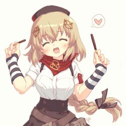 Rule 34 | 1girl, :d, arigatoner, arm warmers, bandana, blush, bow, braid, breasts, brown bow, brown skirt, closed eyes, commentary request, fnc (girls&#039; frontline), food, girls&#039; frontline, hair between eyes, hair bow, hair ornament, hat, heart, holding, holding food, holding pocky, large breasts, long hair, open mouth, pocky, red bandana, shirt, shirt tucked in, short sleeves, simple background, skirt, smile, solo, spoken heart, striped arm warmers, suspenders, upper body, very long hair, white shirt