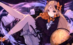 Rule 34 | 1girl, :o, abigail williams (fate), artist name, bad id, bad pixiv id, black bow, black dress, black footwear, black hat, blonde hair, bloomers, blue eyes, blush, book, bow, bug, butterfly, commentary request, dress, fate/grand order, fate (series), gate, globe, hair bow, hat, hugging object, insect, keyhole, long hair, long sleeves, looking at viewer, open book, orange bow, parted bangs, parted lips, polka dot, polka dot bow, reclining, saika ryougi, short hair, sleeves past wrists, solo, stuffed animal, stuffed toy, teddy bear, underwear, very long hair, white bloomers