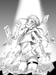 Rule 34 | 1boy, androgynous, banknote, bare shoulders, black choker, blush, braid, choker, dollar bill, greyscale, hand on own hip, highres, hyperinflation, looking at viewer, luke (hyperinflation), male focus, money, monochrome, navel, okotatsu, open mouth, pointy ears, short hair with long locks, shorts, trap, twin braids